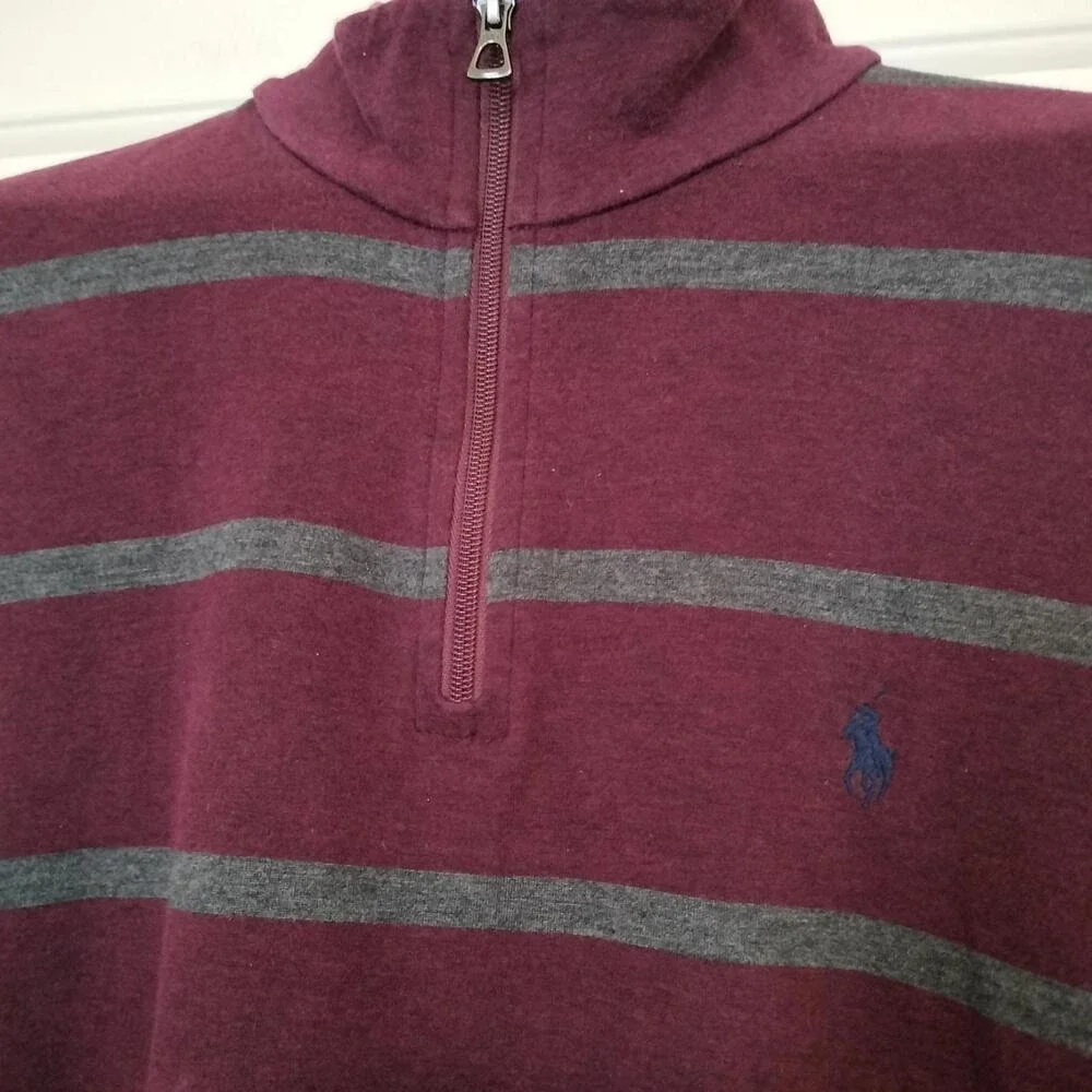 Polo Ralph Lauren Mens 1/4 Zip Sweater Long Sleeve Maroon Red Gray Striped XL